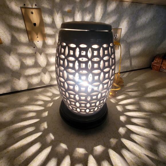 Chinoiserie Blanc de Chine pierce porcelain table lamp Black Base White Table - Picture 1 of 10